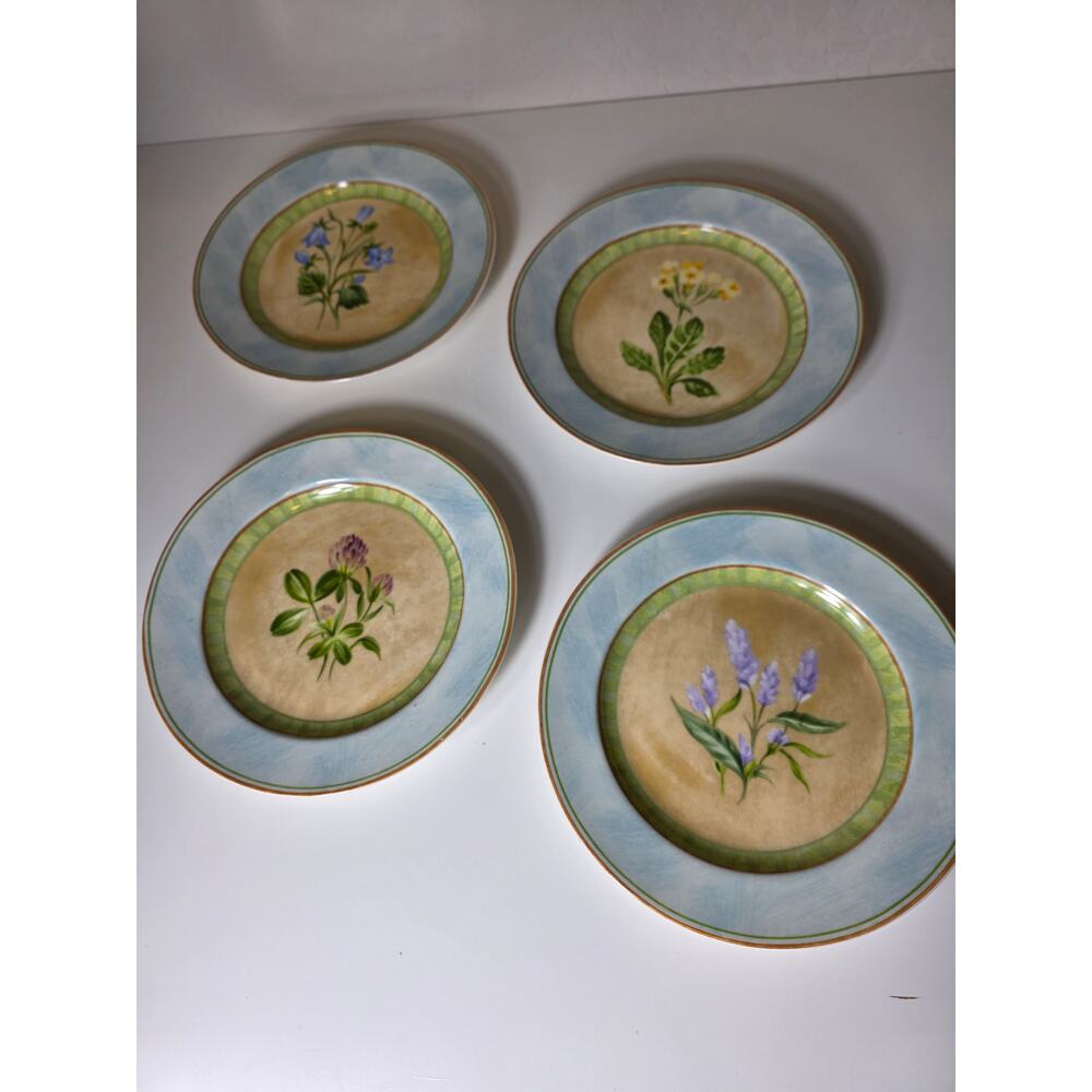 Set of 4 222 FIFTH Blue Rim Wildflower Center Clover Discontinued 8" Salad Plate - Picture 2 of 8